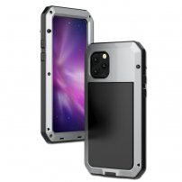 Изключително устойчив калъф от метал, силикон и закалено стъкло за iPhone 11 Pro - сребърен