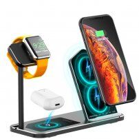 Безжична алуминиева стойка за зареждане за iPhone / Apple Watch / AirPods - черна