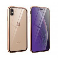 Кейс с метална рамка и закалено anti-blue-ray стъкло за предната и задната страна iPhone X / XS - златен