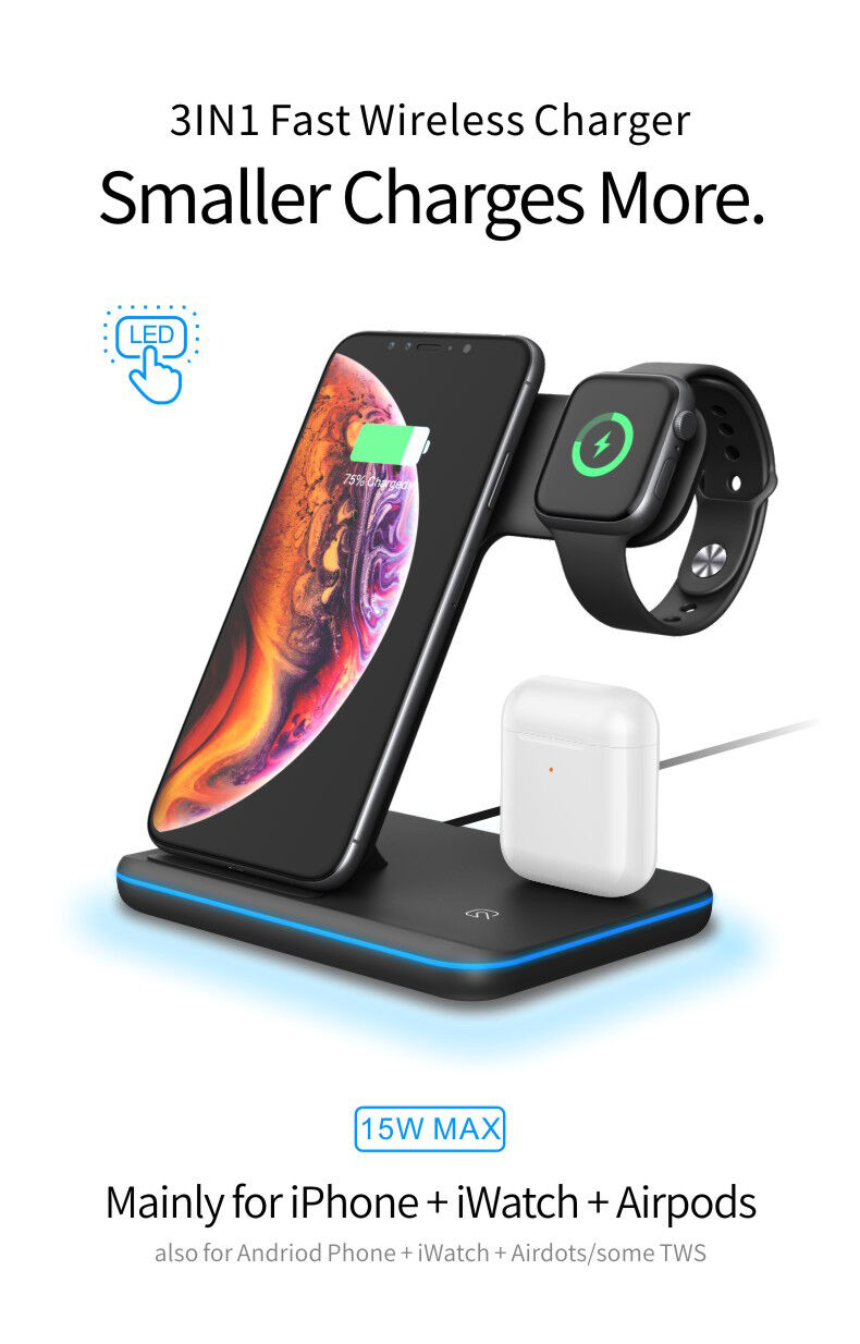 3в1 стойка за високоскоростно зареждане с безжично зареждане iPhone / Apple Watch / AirPods - черна