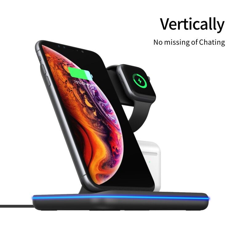 3в1 стойка за високоскоростно зареждане с безжично зареждане iPhone / Apple Watch / AirPods - черна