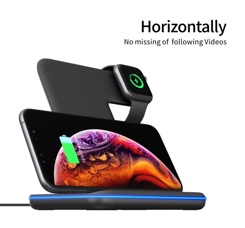 3в1 стойка за високоскоростно зареждане с безжично зареждане iPhone / Apple Watch / AirPods - черна
