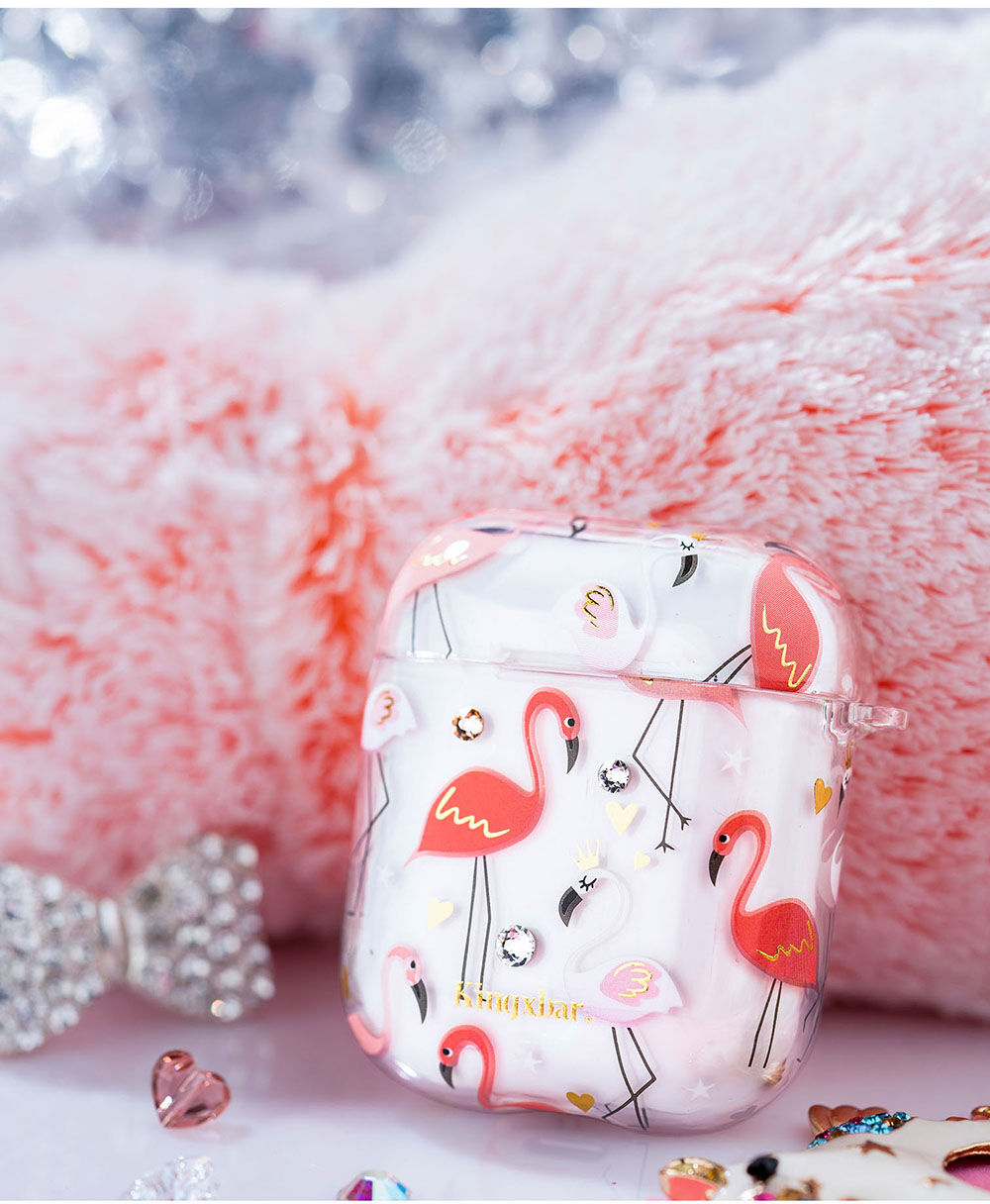 Kingxbar прозрачен кейс с камъчета за AirPods 1 / 2 – вълни и фламинга Kingxbar прозрачен кейс с камъчета за AirPods 1 / 2 – вълни и фламинга