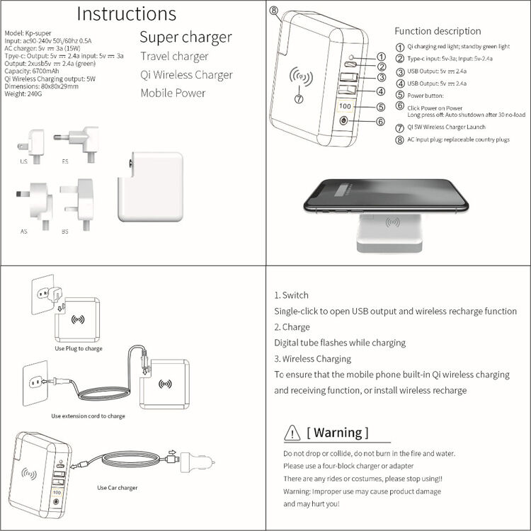 Зарядно / външна батерия 6700mAh със сменяеми щепсели (AU / UK / US / EU) и безжично зареждане Зарядно / външна батерия 6700mAh със сменяеми щепсели (AU / UK / US / EU) и безжично зареждане