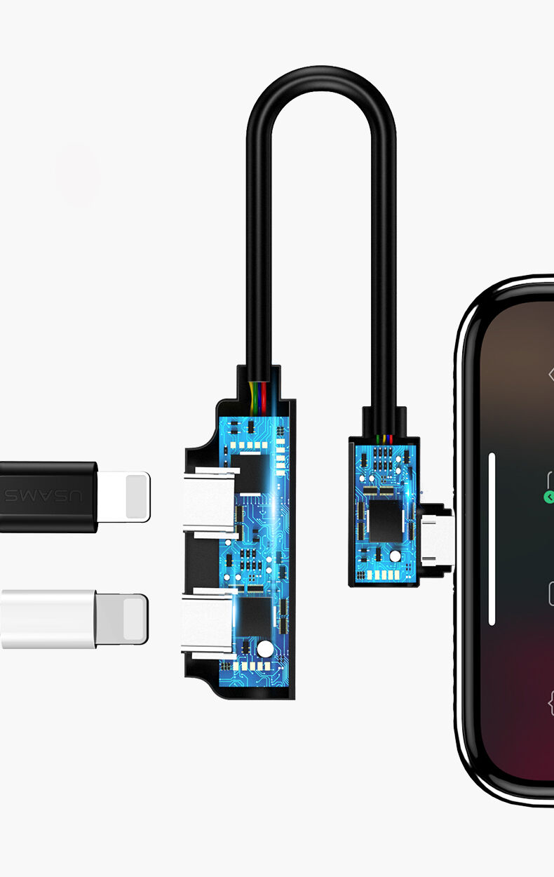 USAMS адаптер с два lightning конектора за iPhone - черна