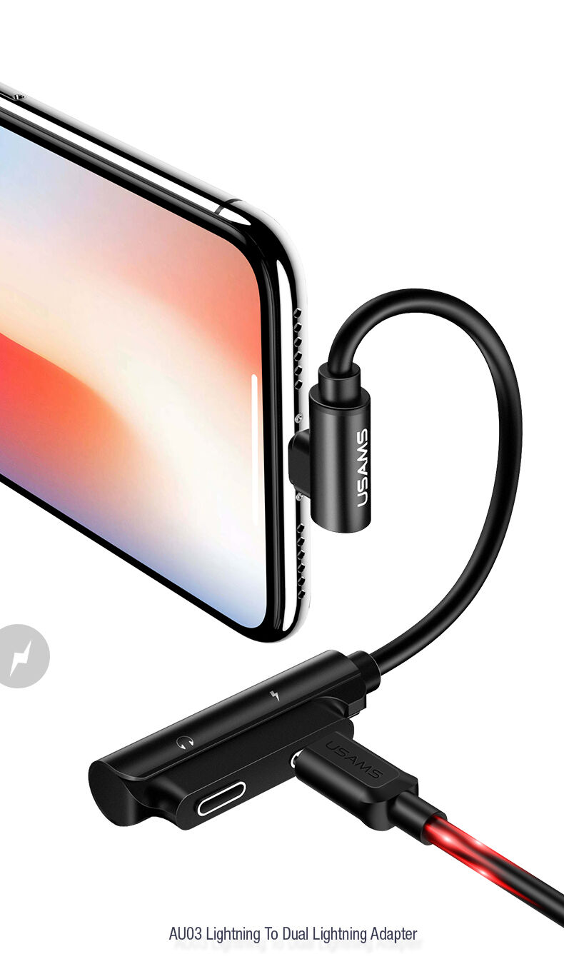 USAMS адаптер с два lightning конектора за iPhone - черна