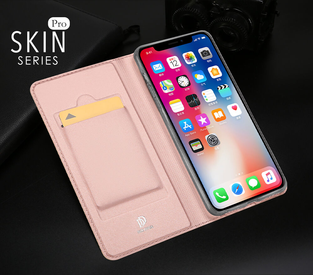 DUX DUCIS калъф със стойка и прегради за документи за Apple iPhone XS / iPhone X -златна