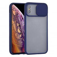 Полупрозрачен кейс с подвижен кейс на лещата на фотоапарата за iPhone XS Max - син
