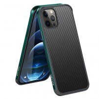 Кейс с текстура на въглеродни влакна и защитна рамка за iPhone 12 / 12 Pro - тъмно зелен