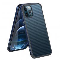 Кейс с текстура на въглеродни влакна и защитна рамка за iPhone 12 mini - тъмносин