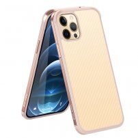 Кейс с текстура на въглеродни влакна и защитна рамка за iPhone 12 Pro Max - розово златен