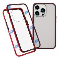Калъф за целия телефон от закалено стъкло с метална рамка за iPhone 13 Pro - червено