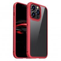 Удароустойчив прозрачен кейс с въглеродна текстура за iPhone 13 Pro Max - червен