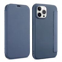Калъф тип портмоне от силикон и PU кожа за iPhone 13 mini - синьо