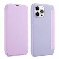Калъф тип портмоне от силикон и PU кожа за iPhone 13 Pro - лилаво