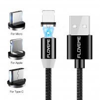 FLOVEME Round магнитен кабел USB-A / USB-C / Micro USB / Lightning за iPhone / iPad / iPod / AirPods - 1 m - черна