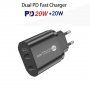 Адаптер за бързо зареждане 40W с дуален порт PD USB-C / QC USB-C за iPhone / iPad - черен
