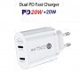 Адаптер за бързо зареждане 40W с дуален порт PD USB-C / QC USB-C за iPhone / iPad - бял