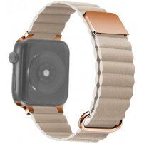 Кожена магнитна каишка с метални елементи за Apple Watch Ultra 49mm / 46mm / 45mm / 44mm / 42mm - бежов