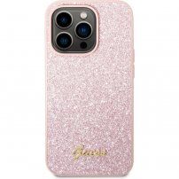 Guess Glitter Flakes Metal Logo блестящ кейс за iPhone 14 Pro Max - розов