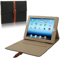 Луксозен калъф от PU кожа с каишка за Apple iPad 4 / 3 / 2 - черно