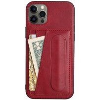 Кожен кейс с джоб за карти и стойка за iPhone 11 Pro Max - червен