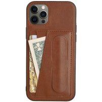 Кожен кейс с джоб за карти и стойка за iPhone 12 Pro Max - кафяв