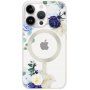 Флорално матово прозрачно покритие с MagSafe за iPhone 13 Pro Max - син