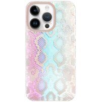Кейс с мотив на змийска кожа за iPhone 14 Pro Max - синьо-розов