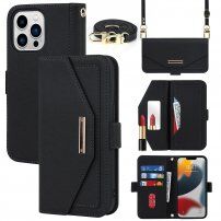 Флип калъф с каишка приливащ на чантичка за iPhone 14 Pro Max - черно