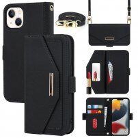 Флип калъф с каишка приливащ на чантичка за iPhone 14 Plus - черно