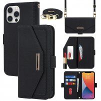 Флип калъф с каишка приливащ на чантичка за iPhone 12 Pro Max - черно