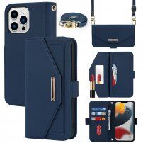 Флип калъф с каишка приливащ на чантичка за iPhone 13 Pro Max - синьо