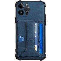 Кейс с джоб за карти и стойка за iPhone 13 Pro Max - син