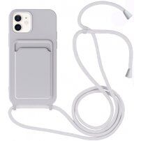 Силиконов кейс с каишка и джоб за карти за iPhone 11 - сив