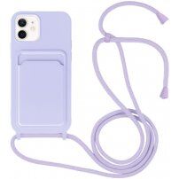 Силиконов кейс с каишка и джоб за карти за iPhone 11 - лилав