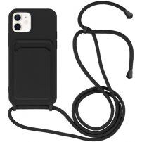 Силиконов кейс с каишка и джоб за карти за iPhone 12 / 12 Pro - черен