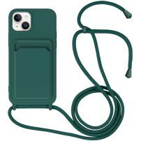 Силиконов кейс с каишка и джоб за карти за iPhone 13 - цвят петрол