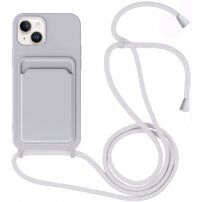 Силиконов кейс с каишка и джоб за карти за iPhone 13 - сив