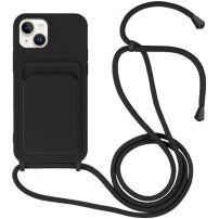 Силиконов кейс с каишка и джоб за карти за iPhone 13 - черен