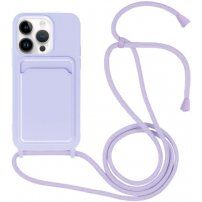 Силиконов кейс с каишка и джоб за карти за iPhone 13 Pro - лилав
