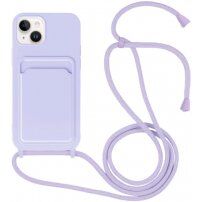 Силиконов кейс с каишка и джоб за карти за iPhone 14 Plus - лилав
