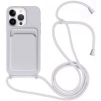 Силиконов кейс с каишка и джоб за карти за iPhone 14 Pro - сив