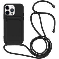 Силиконов кейс с каишка и джоб за карти за iPhone 14 Pro - черен