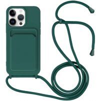 Силиконов кейс с каишка и джоб за карти за iPhone 14 Pro Max - цвят петрол