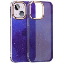 Блестящ кейс с мотив водни цветове за iPhone 14 - син