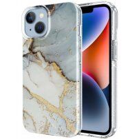 Мраморен блестящ кейс за iPhone 14 Plus - сиво-златен