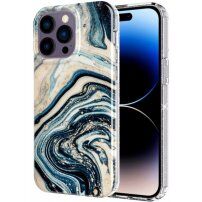 Мраморен блестящ кейс за iPhone 14 Pro - синьо-златна