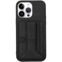 Кейс с джоб за карти и стойка за iPhone 14 Pro - черен