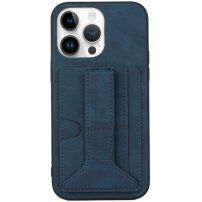 Кейс с джоб за карти и стойка за iPhone 14 Pro Max - син